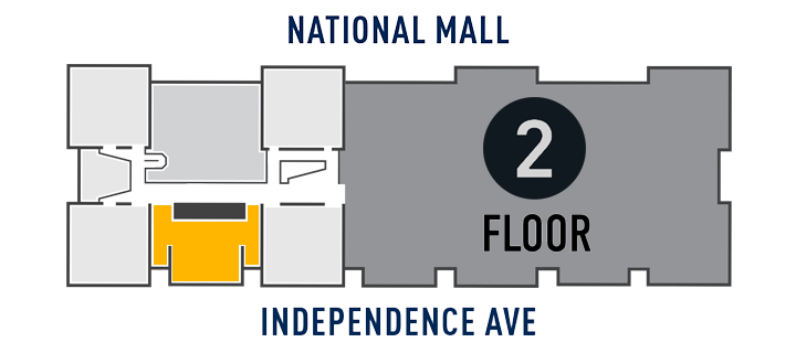 Map of the second floor of the National Air and Space Museum's Washington, D.C., building, highlighting in yellow Gallery 206 on the south side of the building, two rooms west of center