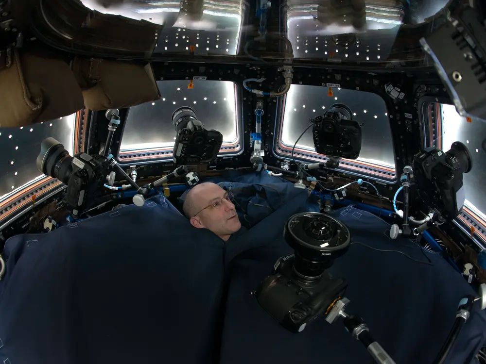 An astronaut in the cupola on the International Space Station.