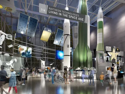 A rendered image of a museum's gallery that contains space related objects.