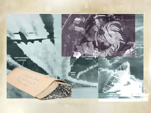 A photo collage consists of three black-and-white images taken in World War II: an airplane flying at high altitude, a man sitting inside the cabin of a bomber, and a large-dish ground radar.
