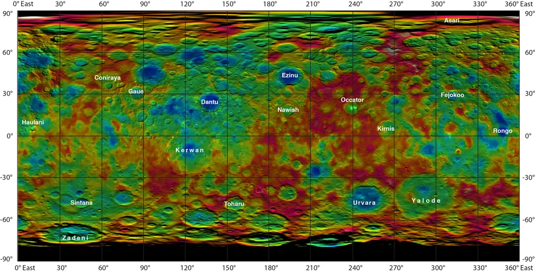 A topographic map showing the various elevations on Ceres, a dwarf planet. High points are in white whereas low points are in blue.