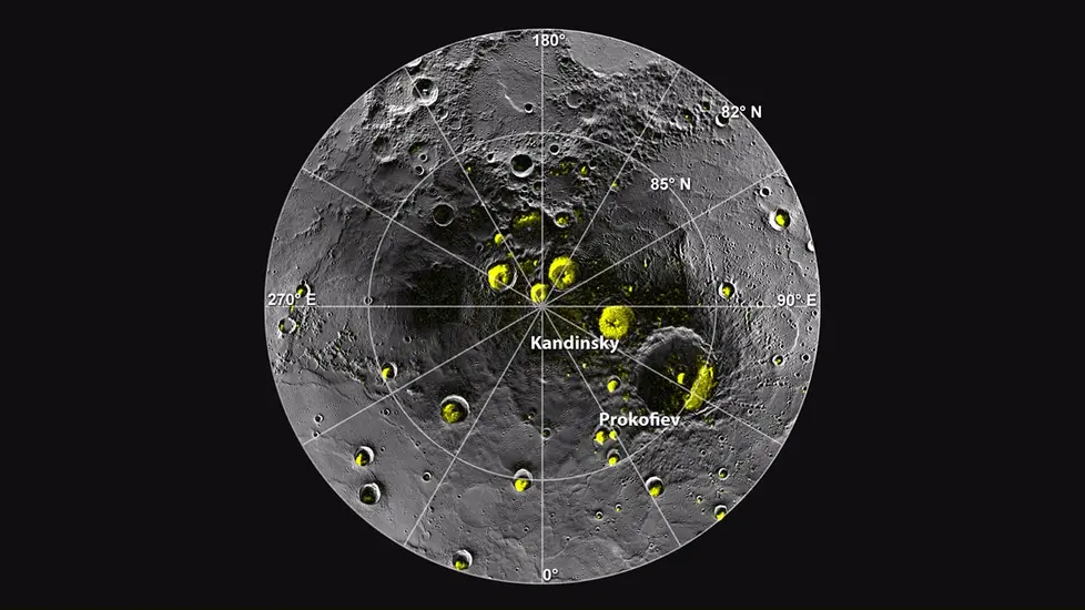 A view of mercury's north pole. Polar deposits are noted by yellow.