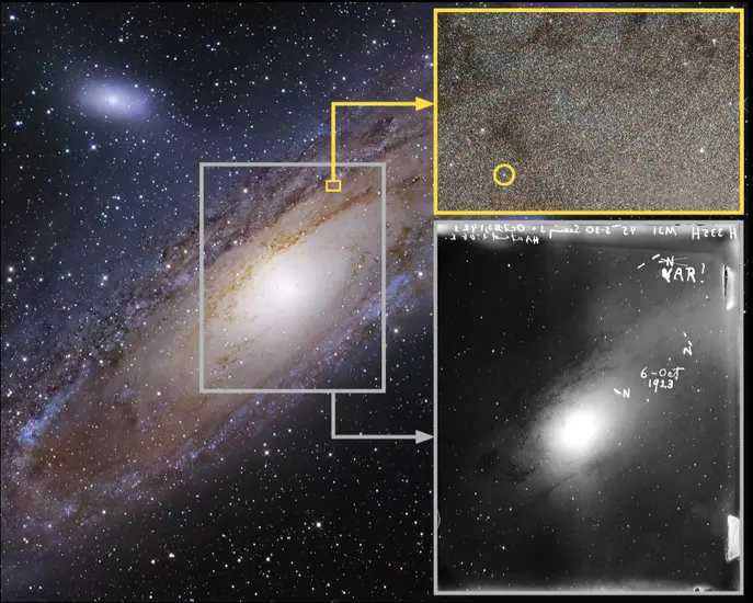 A composite astronomical image featuring the Andromeda Galaxy. A close-up section features a circled star labeled V1, which is the pulsating Cepheid variable discovered by Hubble. His famous 1923 photo of the star, on the bottom right, has the handwritten note “VAR!”—reflecting his excitement at the discovery, which enabled him to calculate the distance of the galaxy.