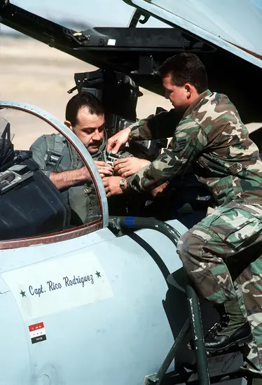 Two military personnel are interacting near the cockpit of a jet, with one seated inside and the other standing beside it, assisting with equipment adjustments. The jet displays the name "Capt. Rico Rodriguez."