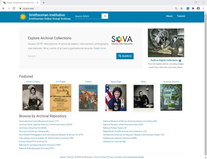 Screenshot of the home page of the Smithsonian Online Virtual Archives. Search bar at top. Digital Image at Right. SOVA icon in the middle. Six thumbnail images and list of repositories.